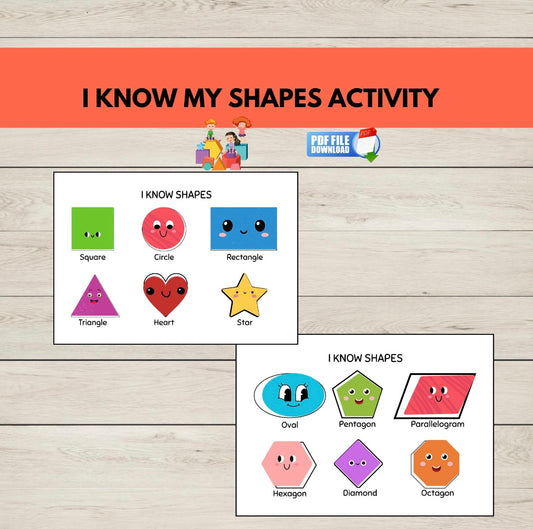 Educational material for teaching shapes with colorful shapes and labels on a wooden surface.