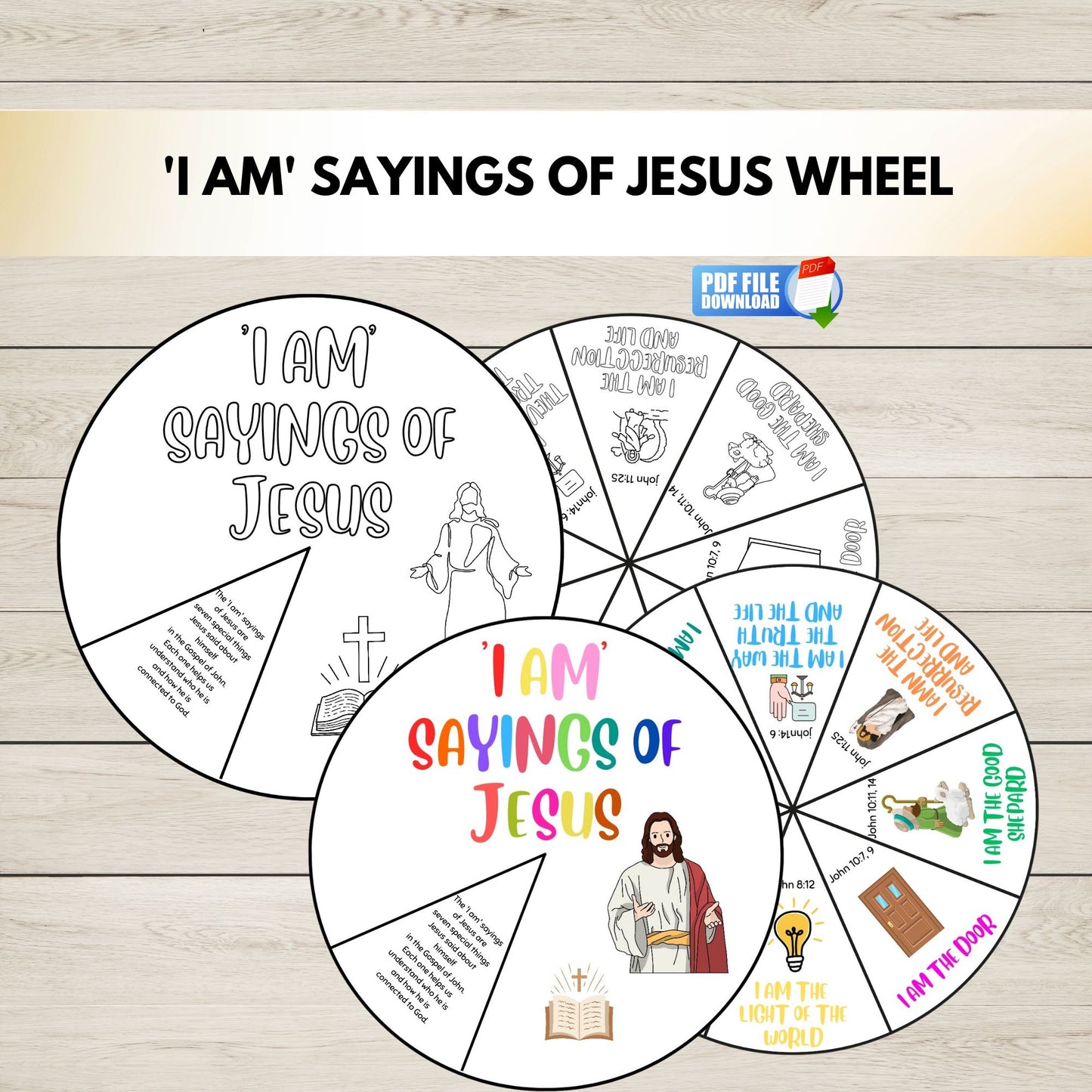 Colourful  and black and white version of I AM' Sayings of Jesus wheel on a wooden background