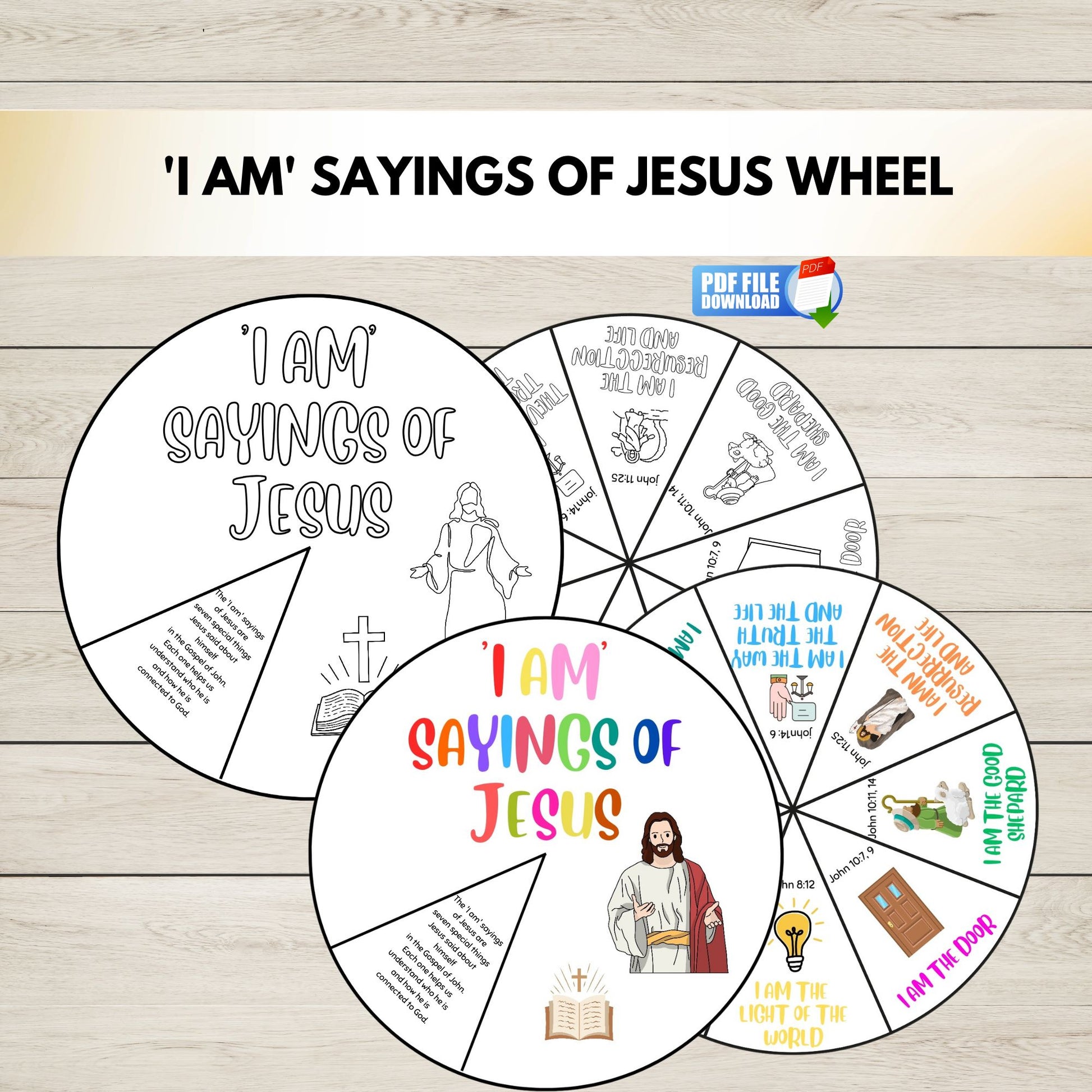 Colourful  and black and white version of I AM' Sayings of Jesus wheel on a wooden background