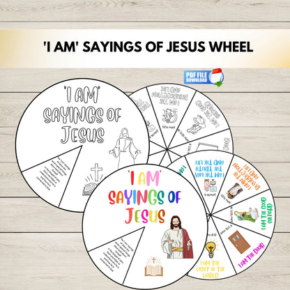 Colourful  and black and white version of I AM' Sayings of Jesus wheel on a wooden background