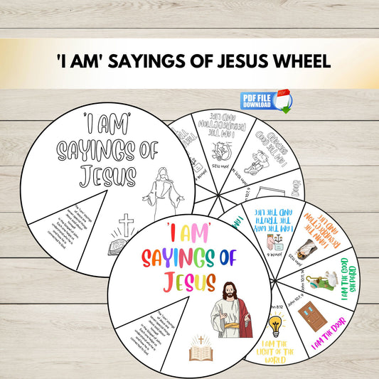 Colourful  and black and white version of I AM' Sayings of Jesus wheel on a wooden background