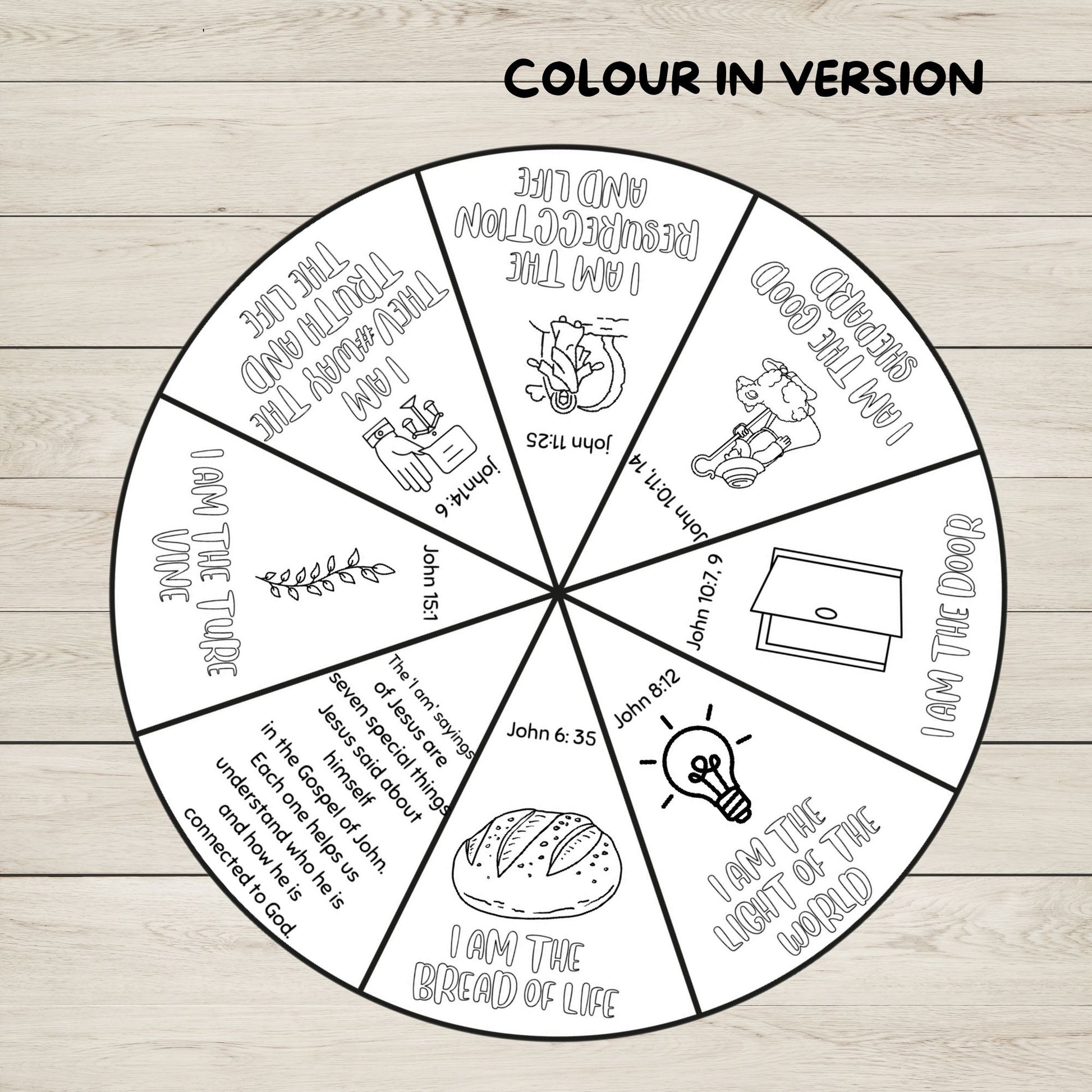 Colour-in version of a religious-themed wheel with text and symbols on a wooden background