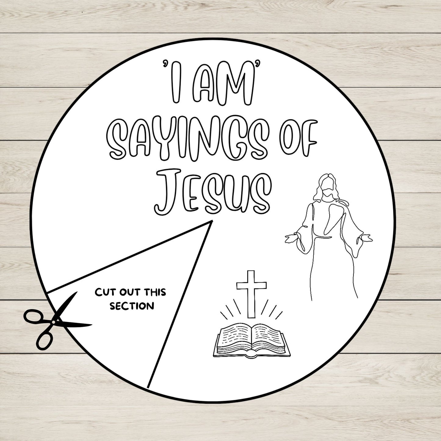 Circular paper with 'I AM SAYINGS OF JESUS' text, a figure of Jesus, a cross, and an open book on a wooden background.