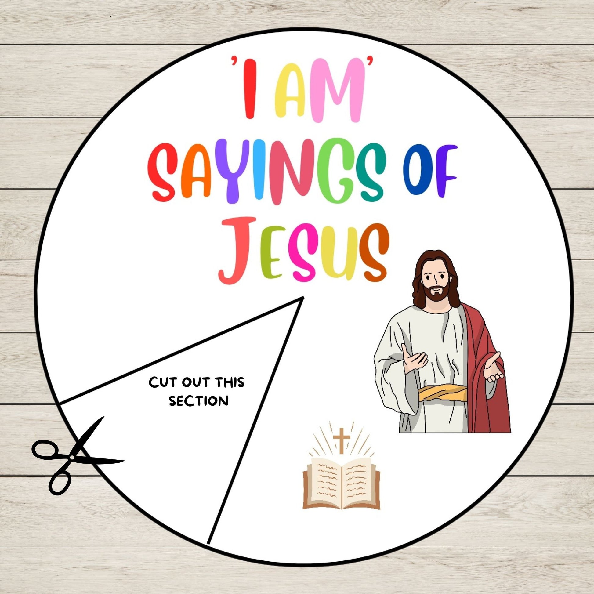Circular sheet with 'I AM SAYINGS OF JESUS' text and a cartoon depiction of Jesus on a wooden background.