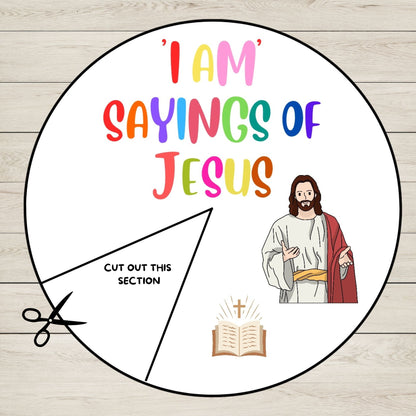 Circular sheet with 'I AM SAYINGS OF JESUS' text and a cartoon depiction of Jesus on a wooden background.
