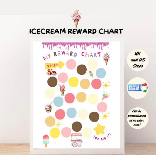 Printable ice cream reward chart for kids featuring bright illustrations to track behavior, potty training, and chores. Perfect for motivation and positive reinforcement.