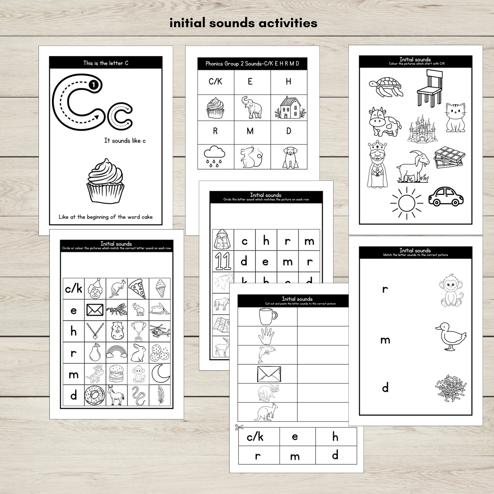 Printable phonics worksheets focused on identifying initial sounds in words beginning with CKEHRMD phonic sounds.