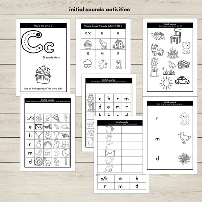 Printable phonics worksheets focused on identifying initial sounds in words beginning with CKEHRMD phonic sounds.