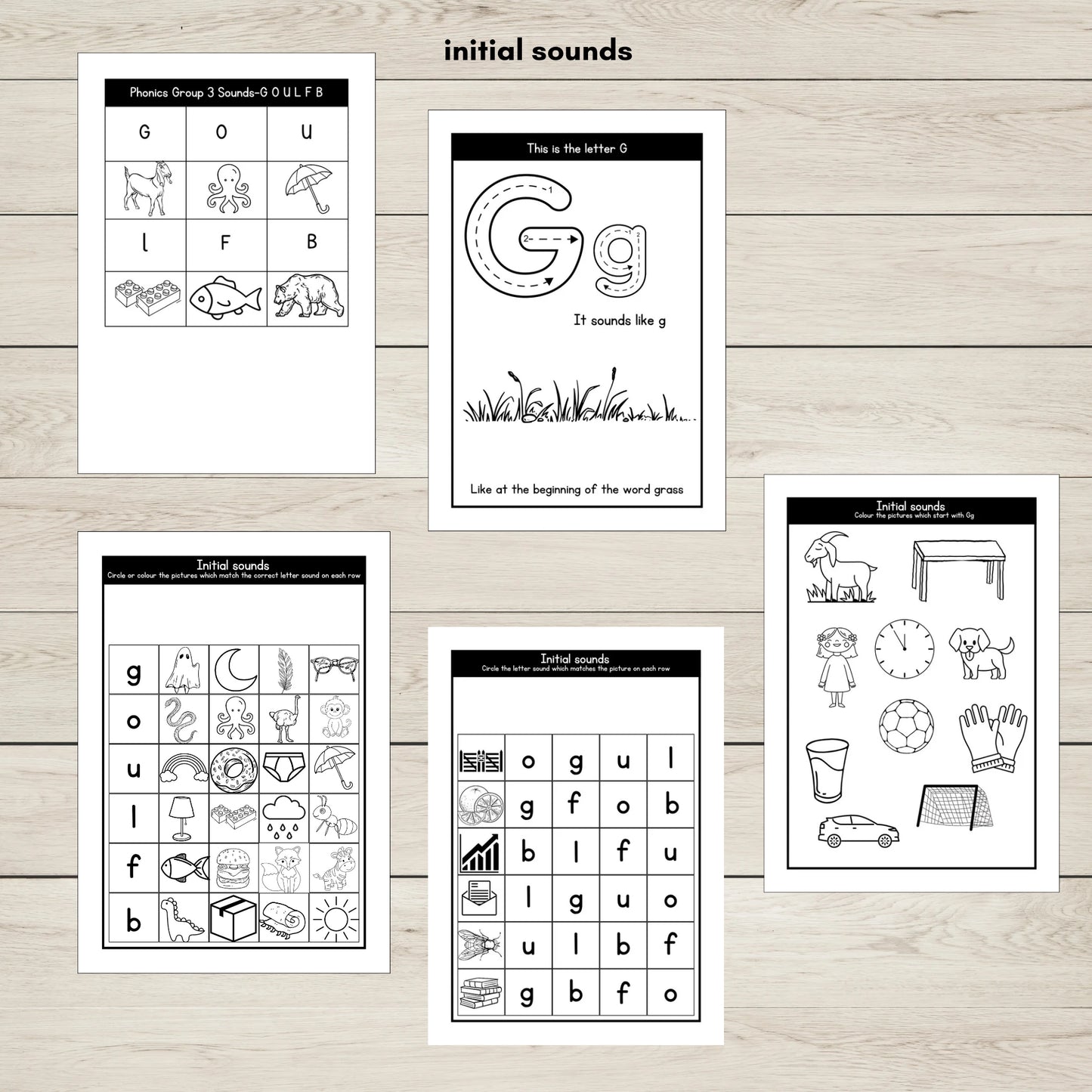 Phonics Group 3 GOULFB printable worksheets for initial sounds recognition. 