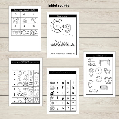 Phonics Group 3 GOULFB printable worksheets for initial sounds recognition. 