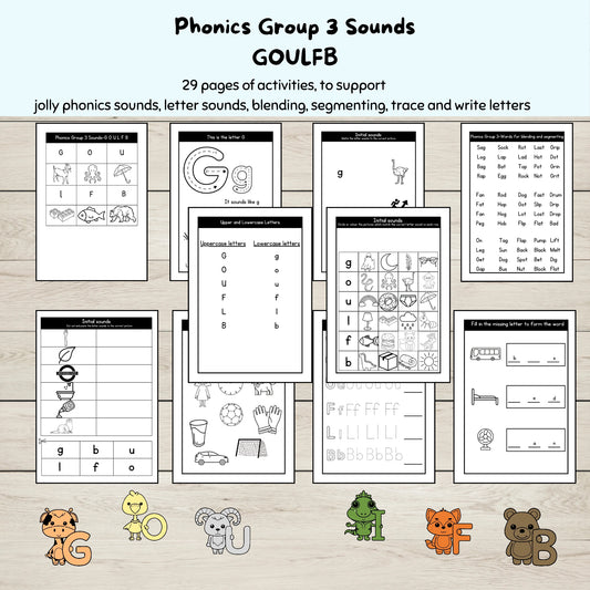 A set of jolly phonics group 3 sounds worksheets pdf.