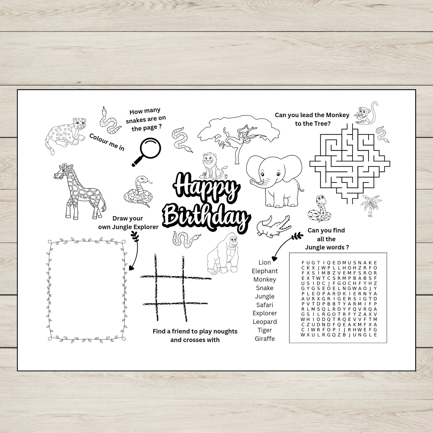 A jungle themed birthday activity sheet for kids. 