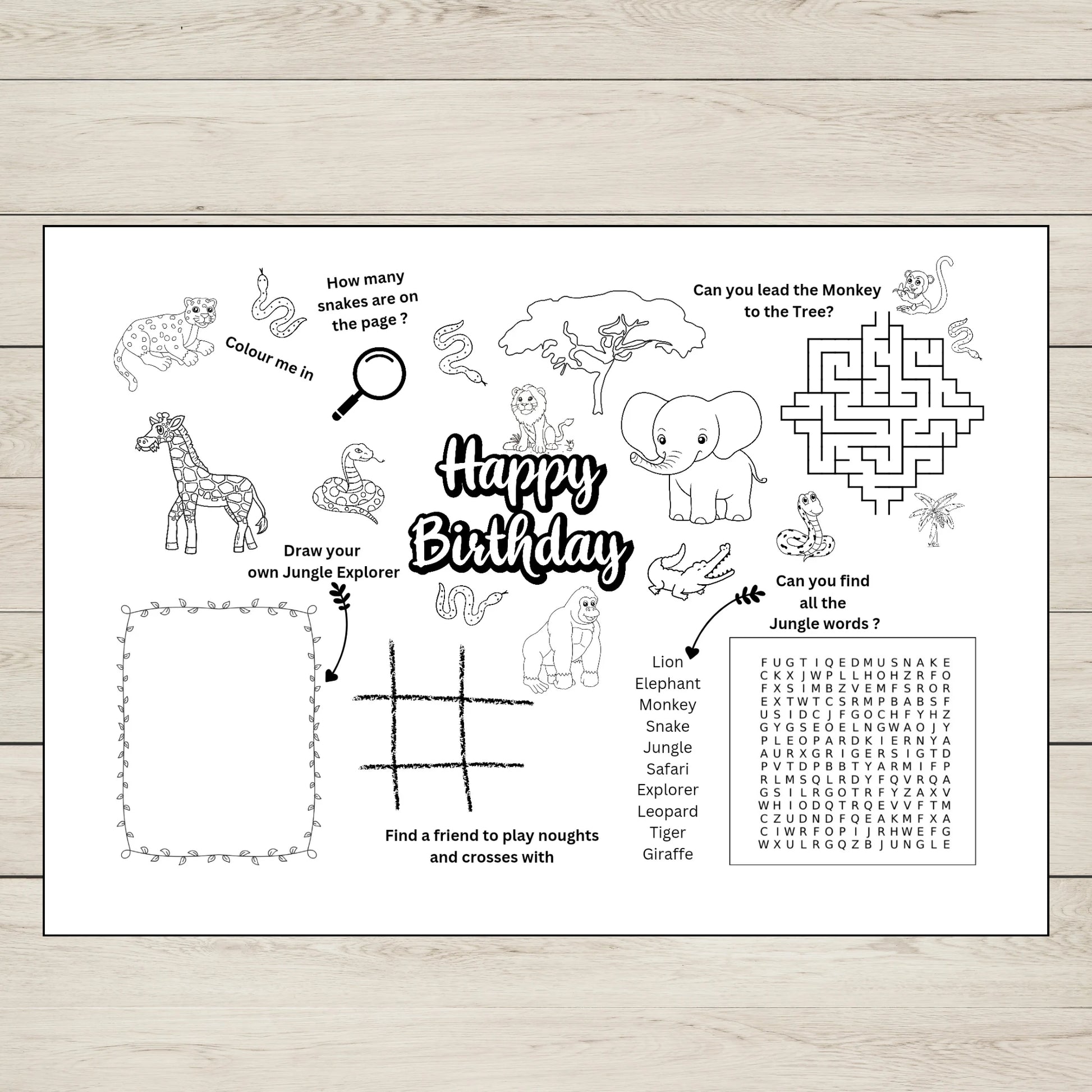 A jungle themed birthday activity sheet for kids. 