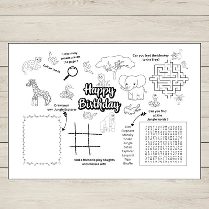 A jungle themed birthday activity sheet for kids. 