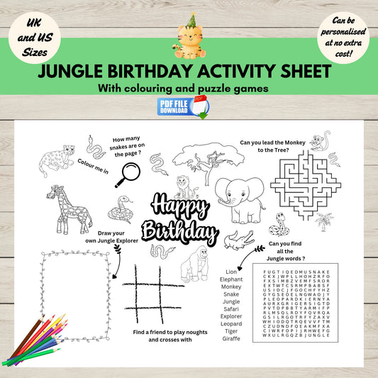Printable jungle animals birthday party activity place mat for kids with colouring and puzzle games such as word search, maze, and noughts and crosses games – perfect for kids’ jungle-themed birthday parties.