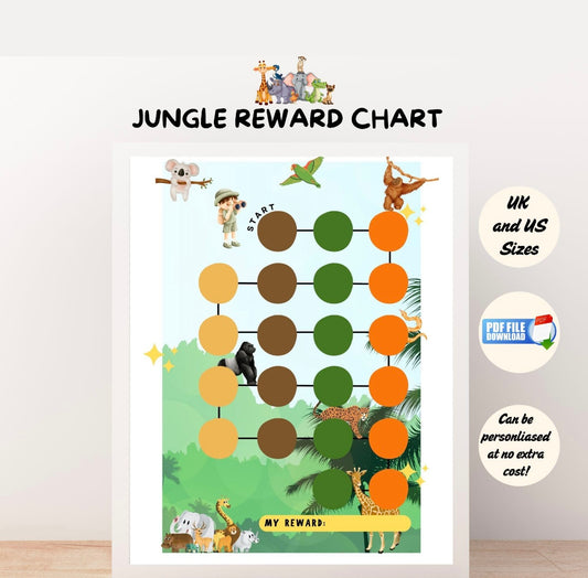 A printable sticker reward chart for kids with jungle animals theme
