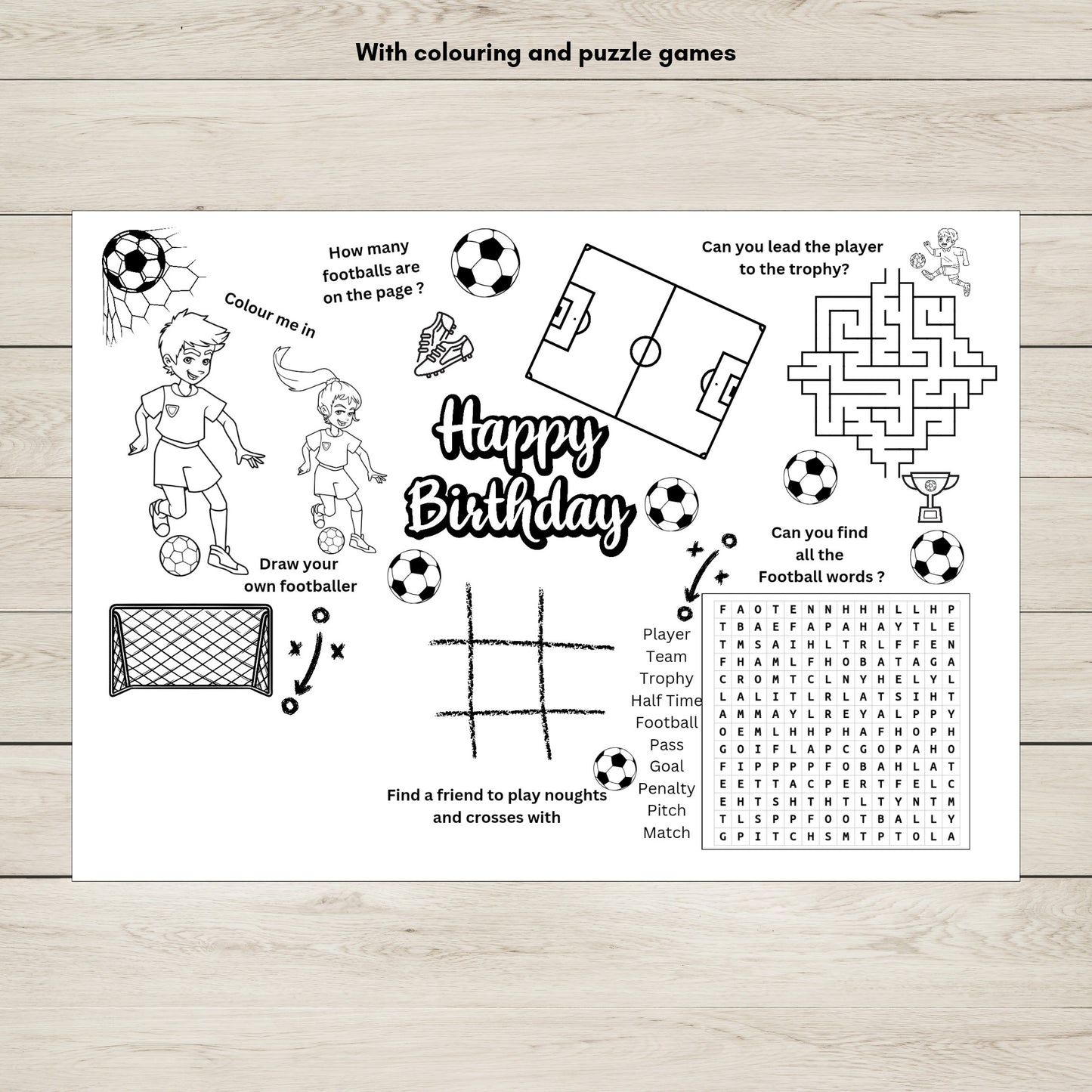 Birthday-themed activity sheet with football-related games. 