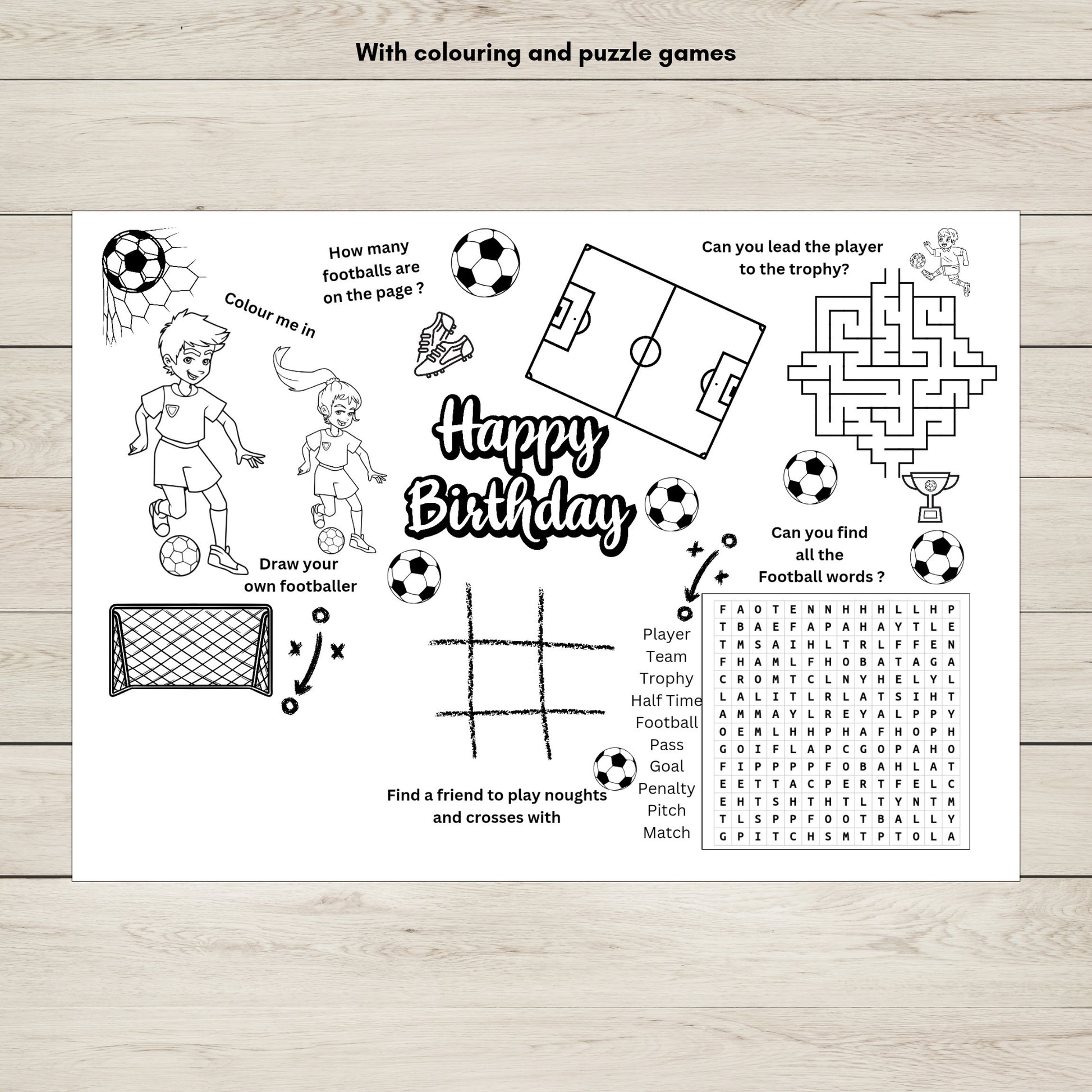 Birthday-themed activity sheet with football-related games. 