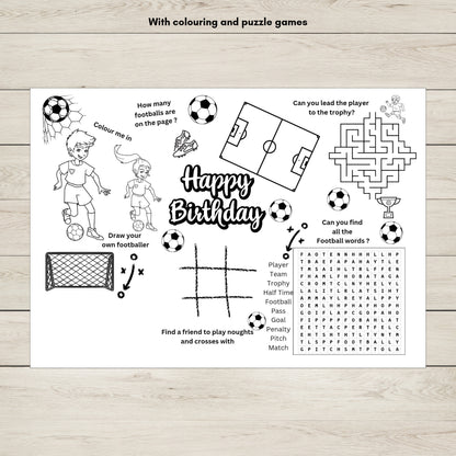 Birthday-themed activity sheet with football-related games. 