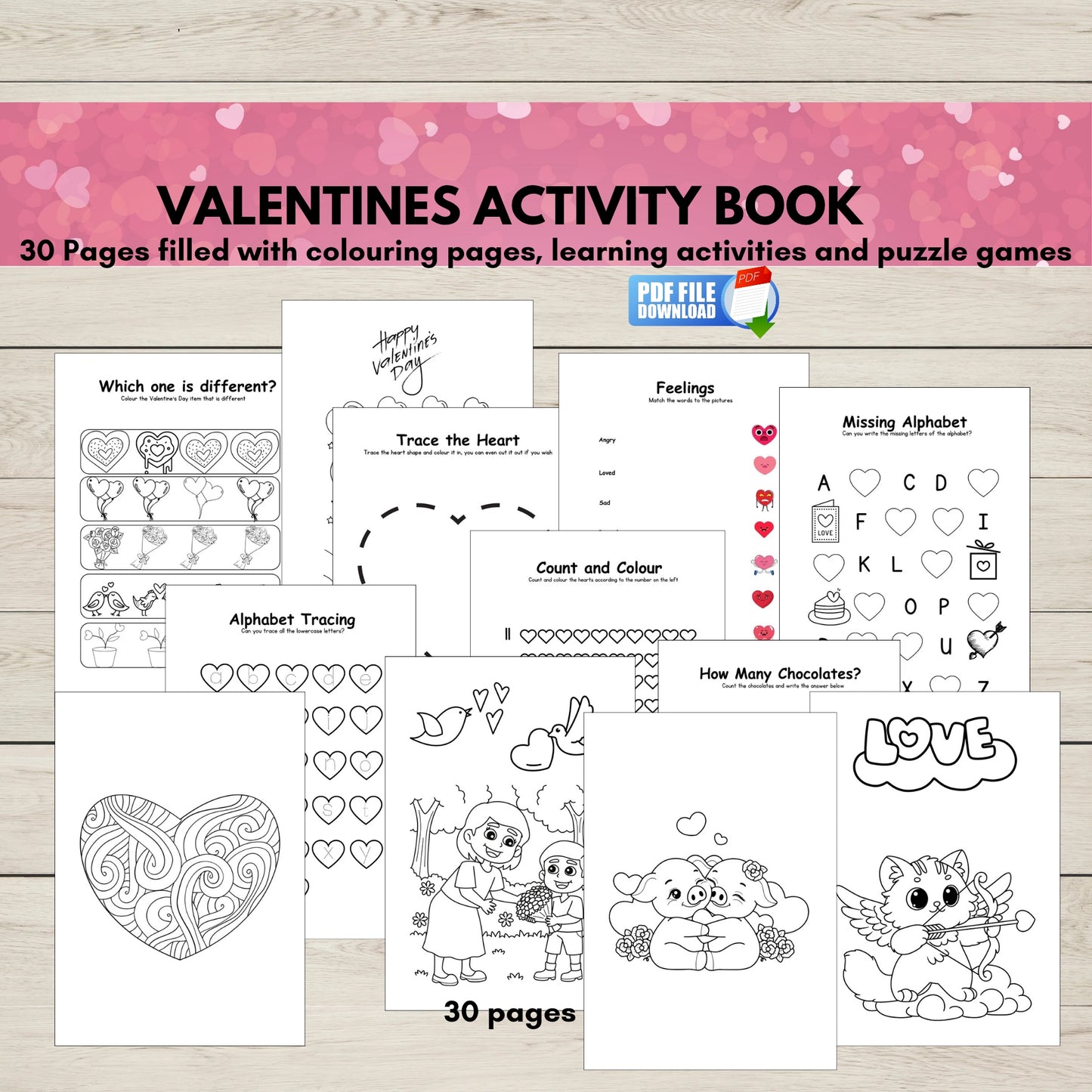 Valentine’s Day activity book for kids printable PDF.