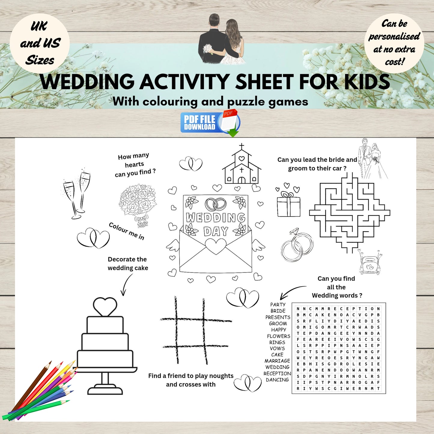 Elegant wedding-themed printable party place mat with romantic designs, featuring fun games and colouring activities-perfect for bridal showers, receptions, or kids’ wedding tables.
