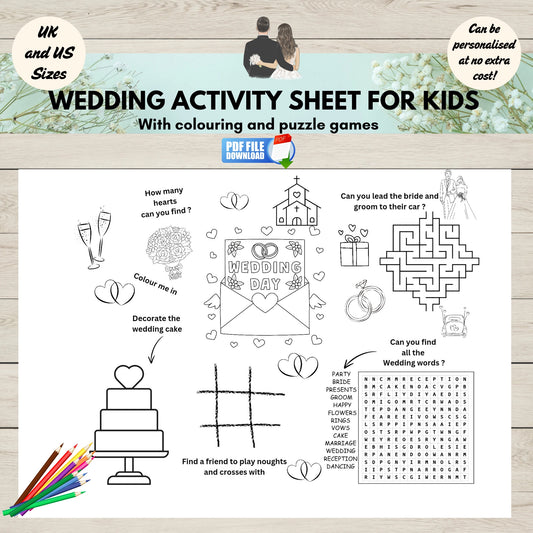 Elegant wedding-themed printable party place mat with romantic designs, featuring fun games and colouring activities-perfect for bridal showers, receptions, or kids’ wedding tables.
