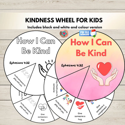 Kindness Wheel Spinner Craft printable showing both the coloured example and black-and-white version for a Christian Bible kindness activity for kids.