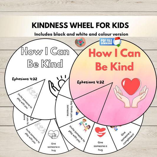Kindness Wheel Spinner Craft printable showing both the coloured example and black-and-white version for a Christian Bible kindness activity for kids.