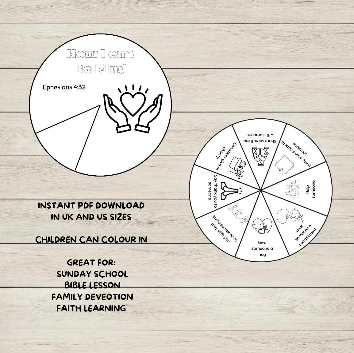 Kindness Wheel for Kids Image showcasing UK and U.S sizing 