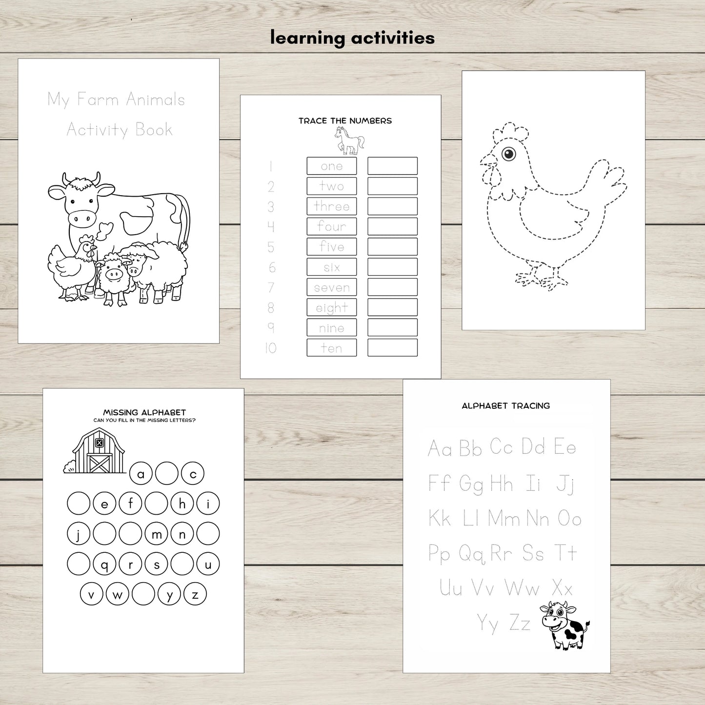 Farm animals learning activities for kids including alphabet tracing, number tracing, and early math.