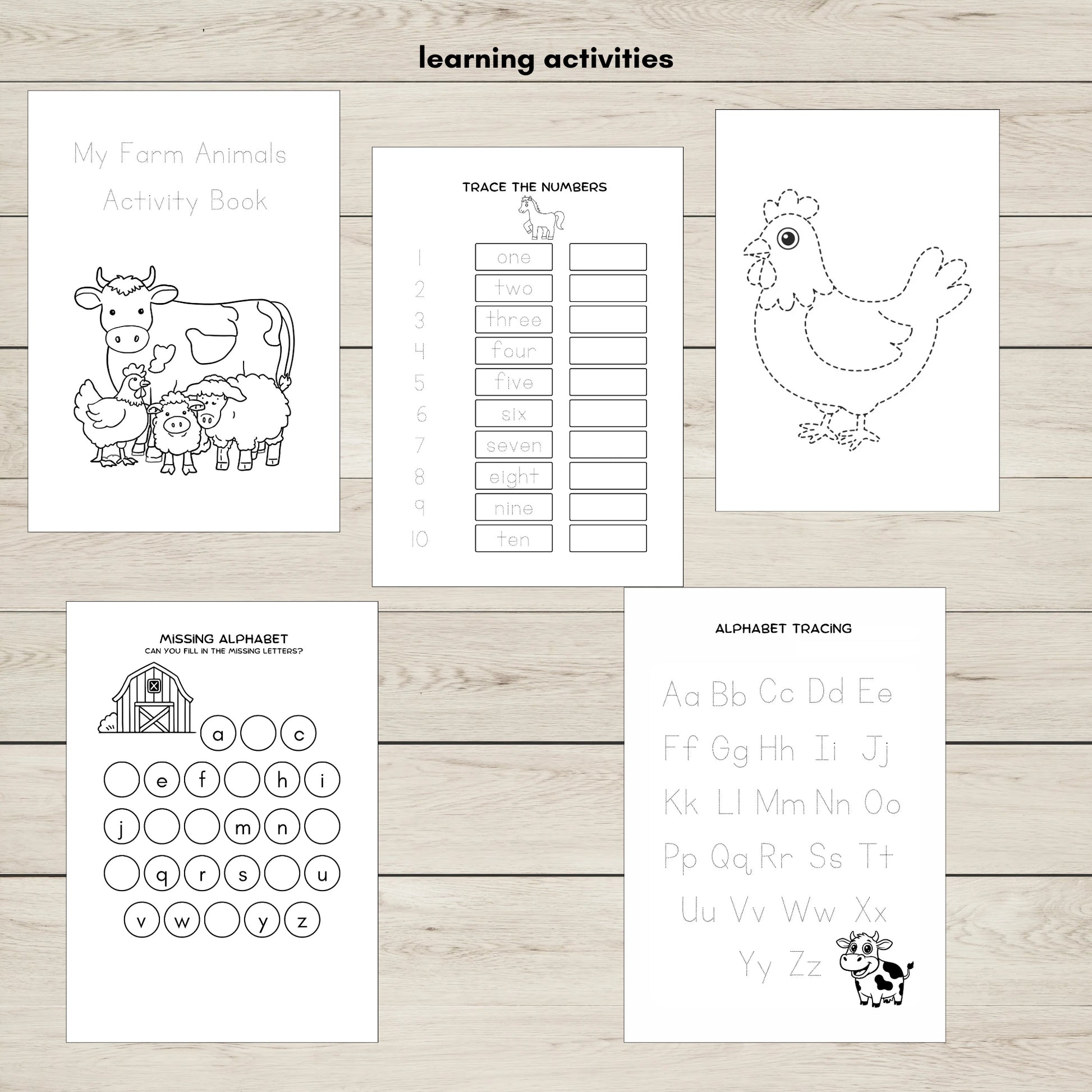 Farm animals learning activities for kids including alphabet tracing, number tracing, and early math.