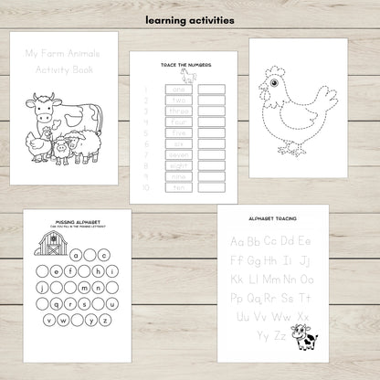 Farm animals learning activities for kids including alphabet tracing, number tracing, and early math.