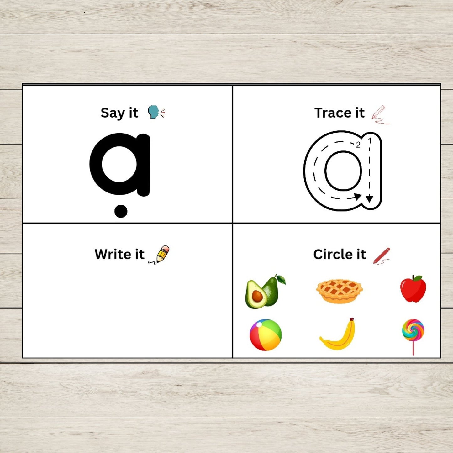 Educational poster with letter 'a' activities on a wooden floor background