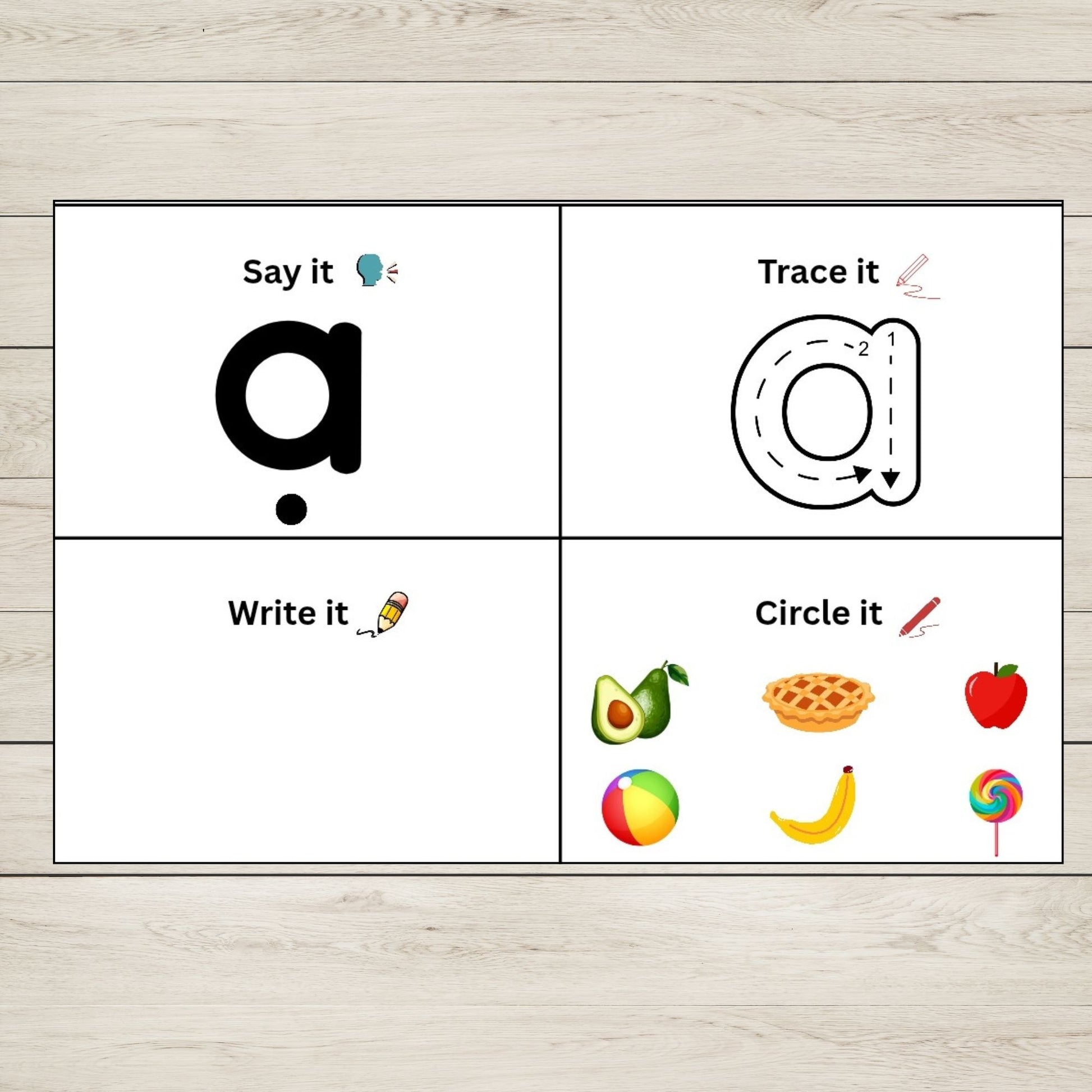 Educational poster with letter 'a' activities on a wooden floor background