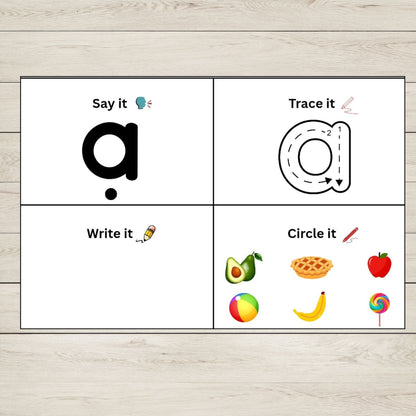 Educational poster with letter 'a' activities on a wooden floor background