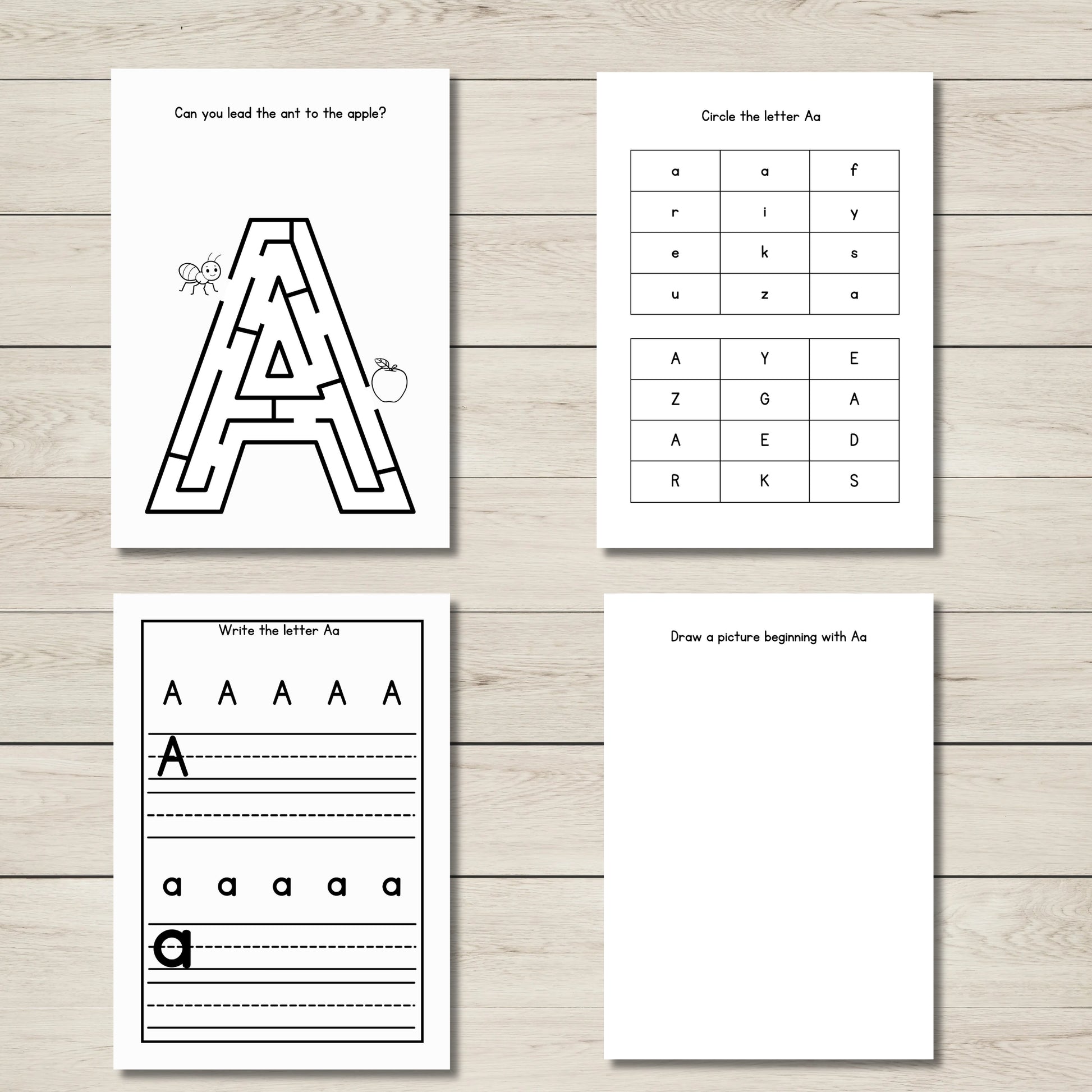 Letter A activity pages from A–Z Alphabet Activity Workbook – includes tracing, phonics, mazes, and fine motor exercises for early learners.