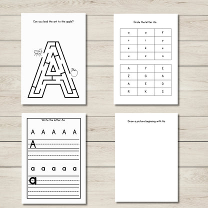 Letter A activity pages from A–Z Alphabet Activity Workbook – includes tracing, phonics, mazes, and fine motor exercises for early learners.