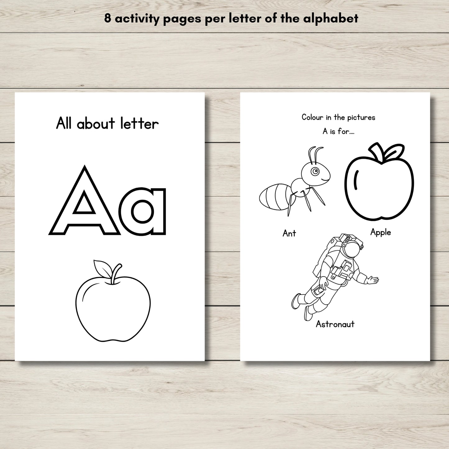 Printable Letter A colouring pages from A–Z Alphabet Activity Workbook – colouring and drawing activity for preschool and kindergarten kids.