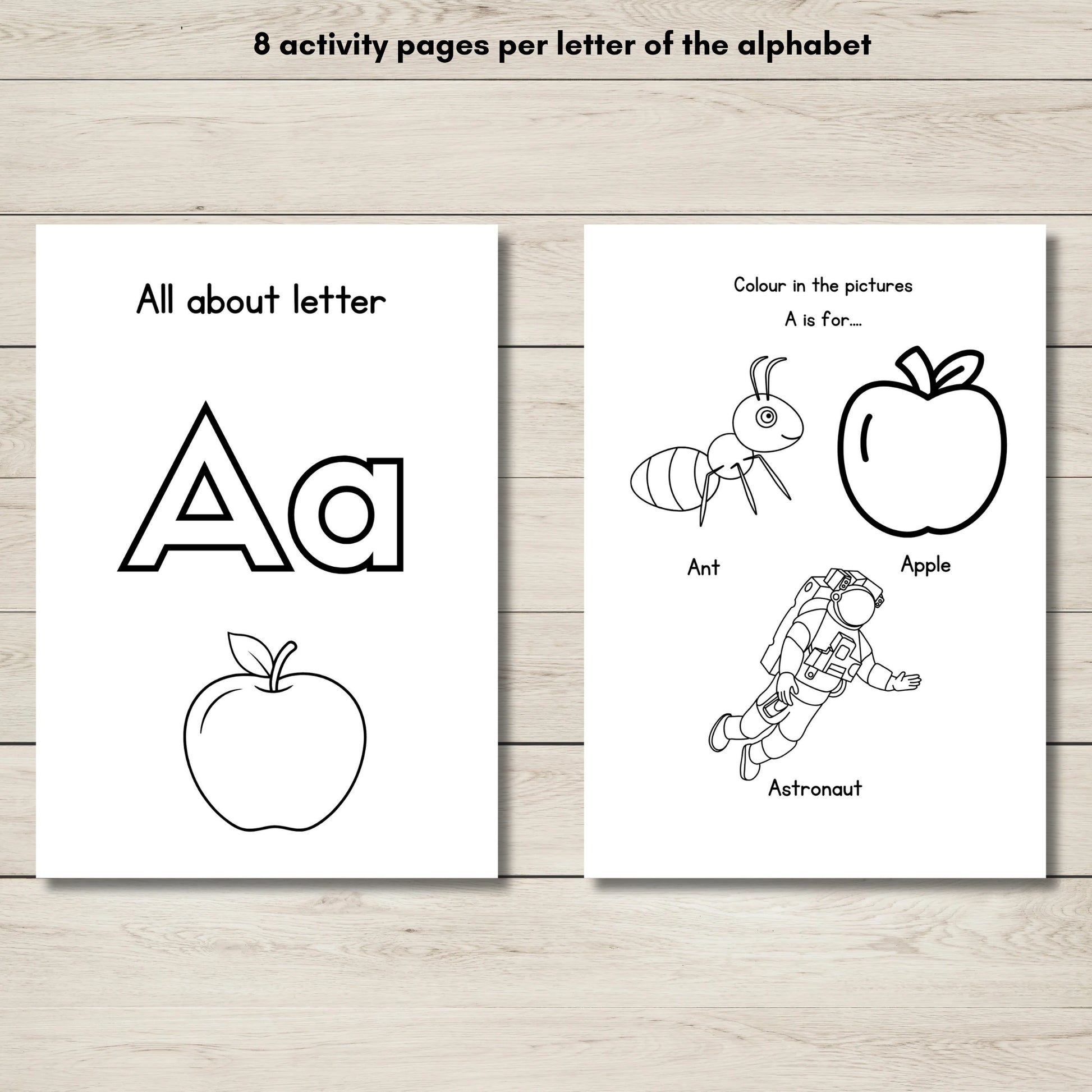 Printable Letter A colouring pages from A–Z Alphabet Activity Workbook – colouring and drawing activity for preschool and kindergarten kids.