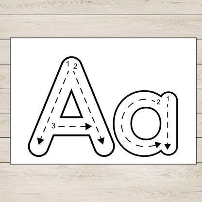 Letter A tracing mat, uppercase and lowercase, printable handwriting practice for preschool and kindergarten.