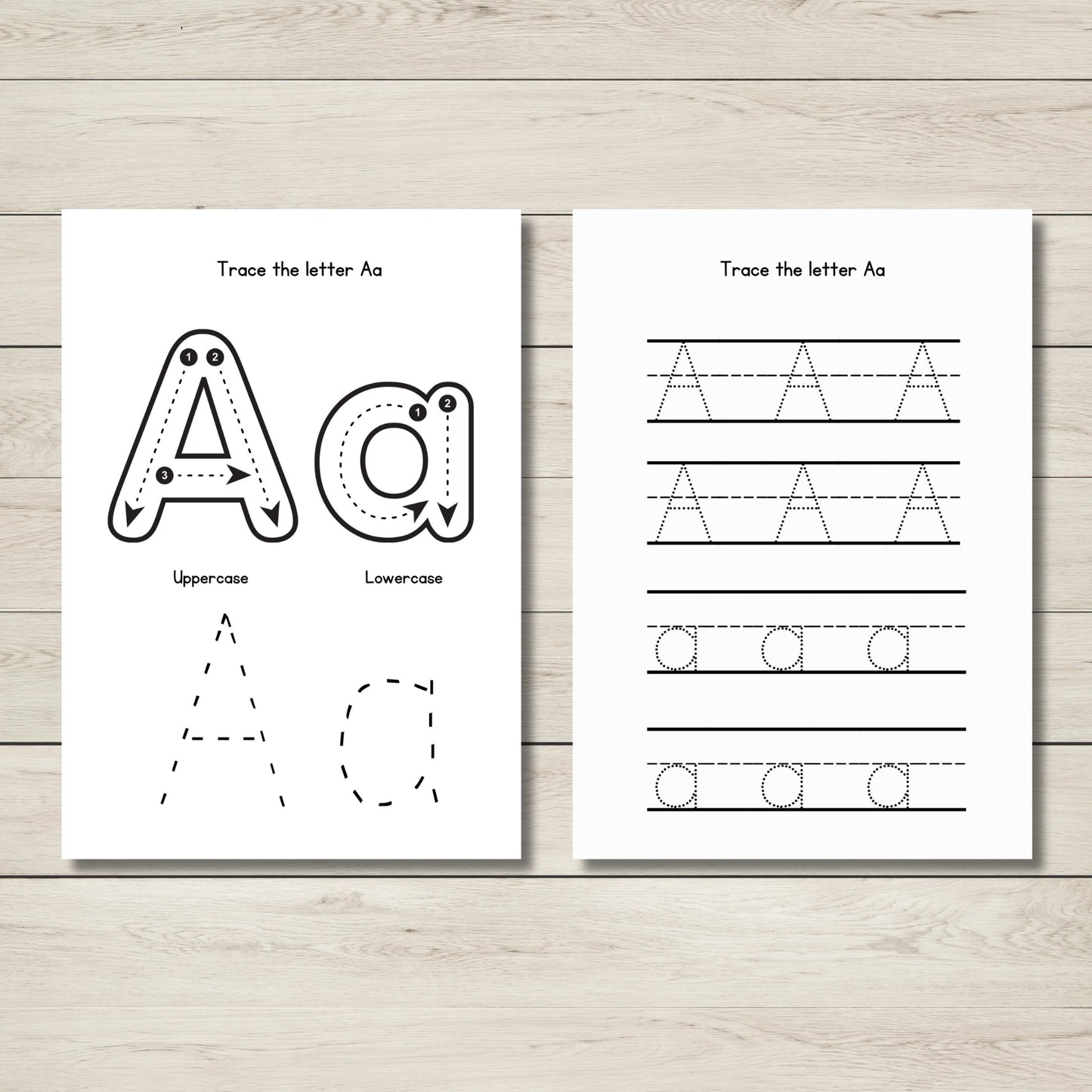 Letter A tracing worksheets from A–Z Alphabet Activity Workbook – uppercase and lowercase practice for preschool handwriting.