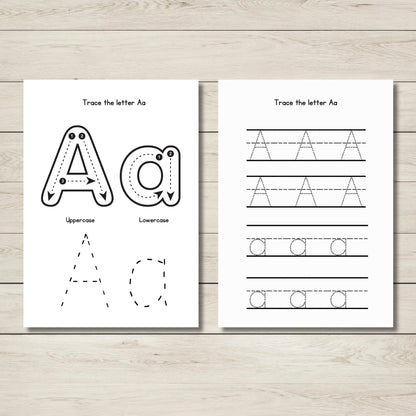 Letter A tracing worksheets from A–Z Alphabet Activity Workbook – uppercase and lowercase practice for preschool handwriting.