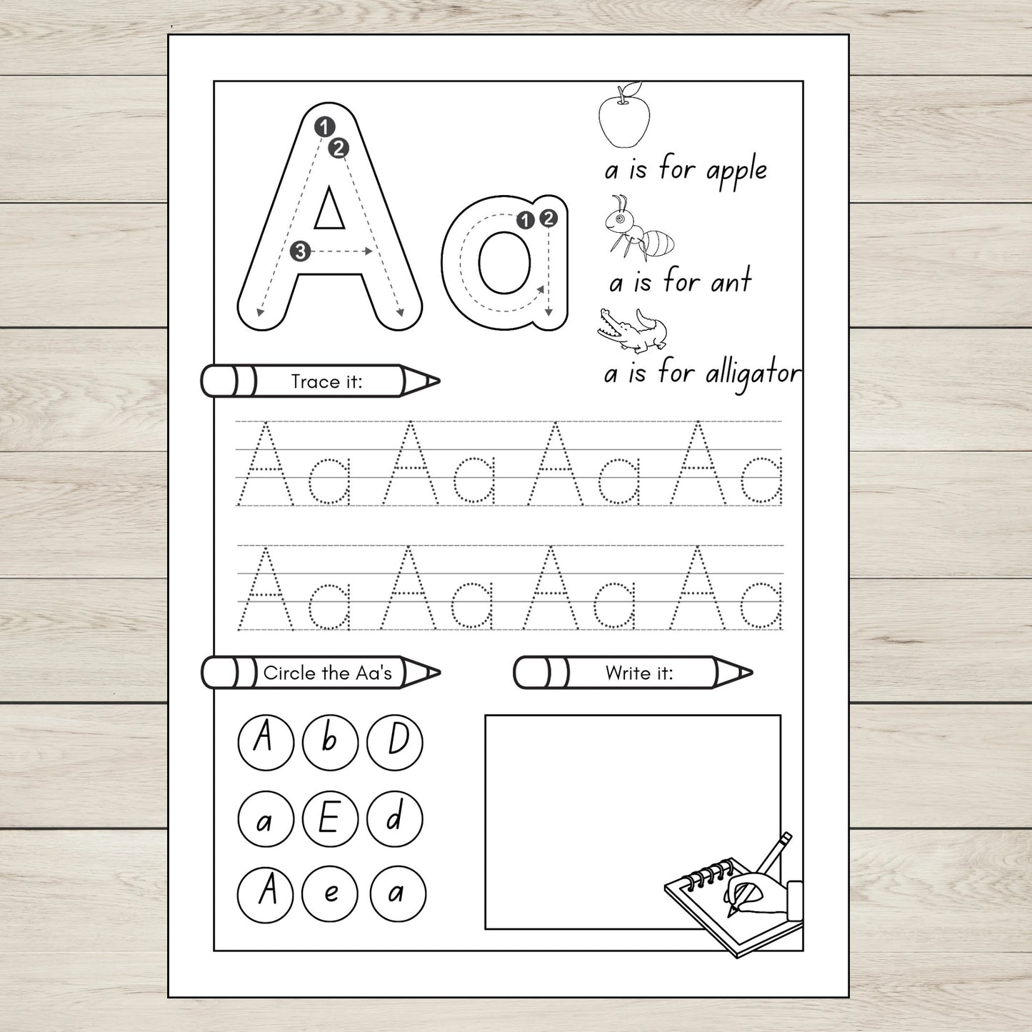 Printable Letter A worksheet for preschool and kindergarten. ABC tracing and alphabetical order activity for early learners.