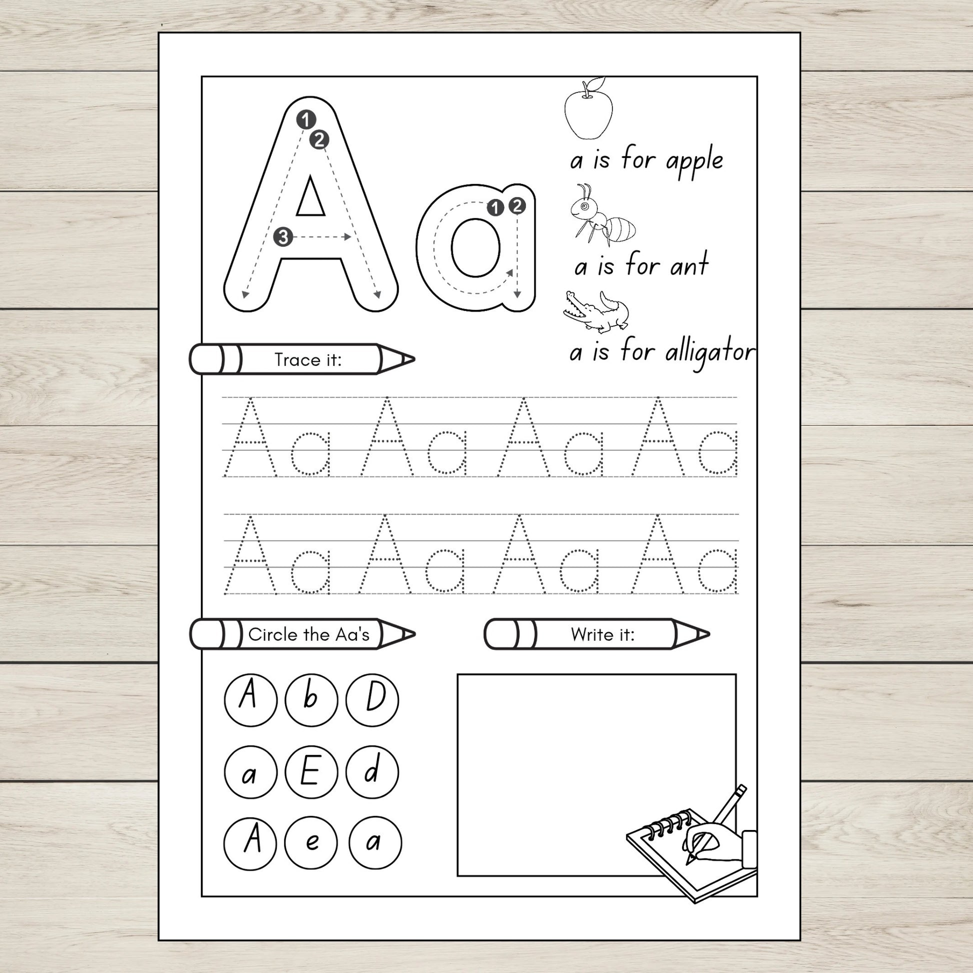 Printable Letter A worksheet for preschool and kindergarten. ABC tracing and alphabetical order activity for early learners.