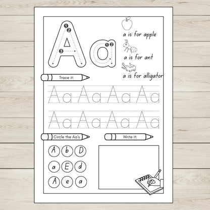 Printable Letter A worksheet for preschool and kindergarten. ABC tracing and alphabetical order activity for early learners.