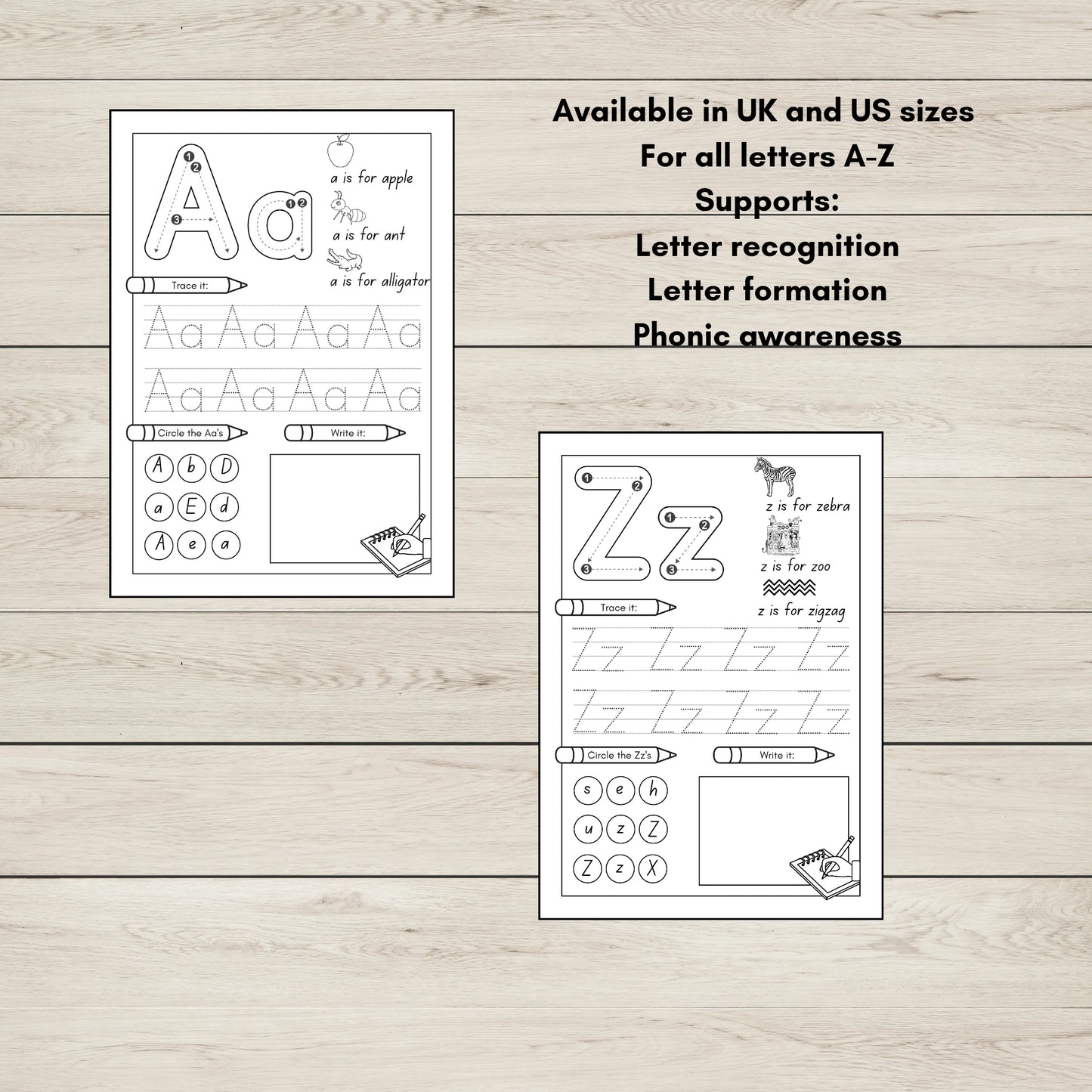 Printable Letter A and Letter Z worksheets. ABC Order Worksheets for preschool and kindergarten, A to Z alphabet practice for early learners.