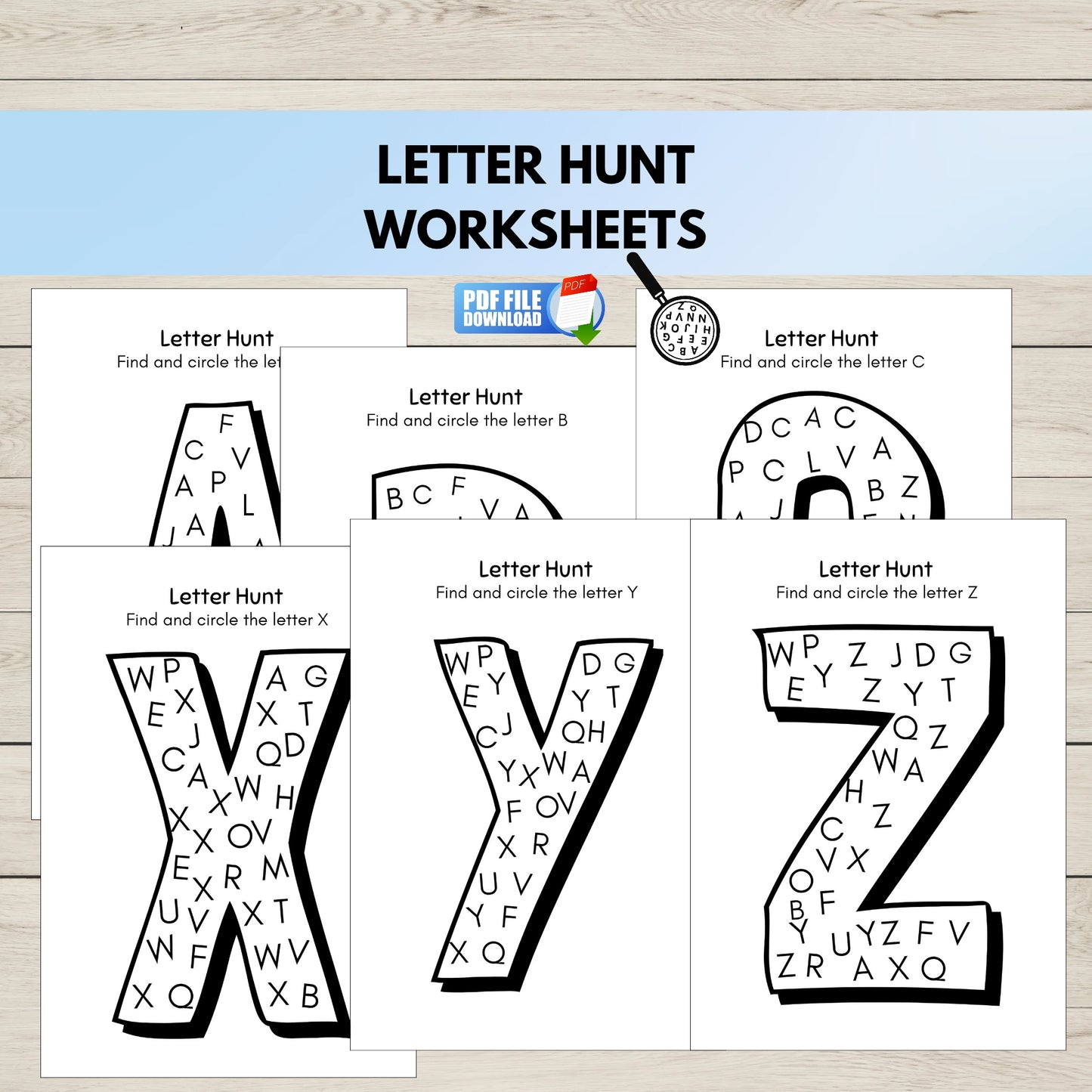 Letter Hunt Worksheets for finding and circling letters A to Z.
