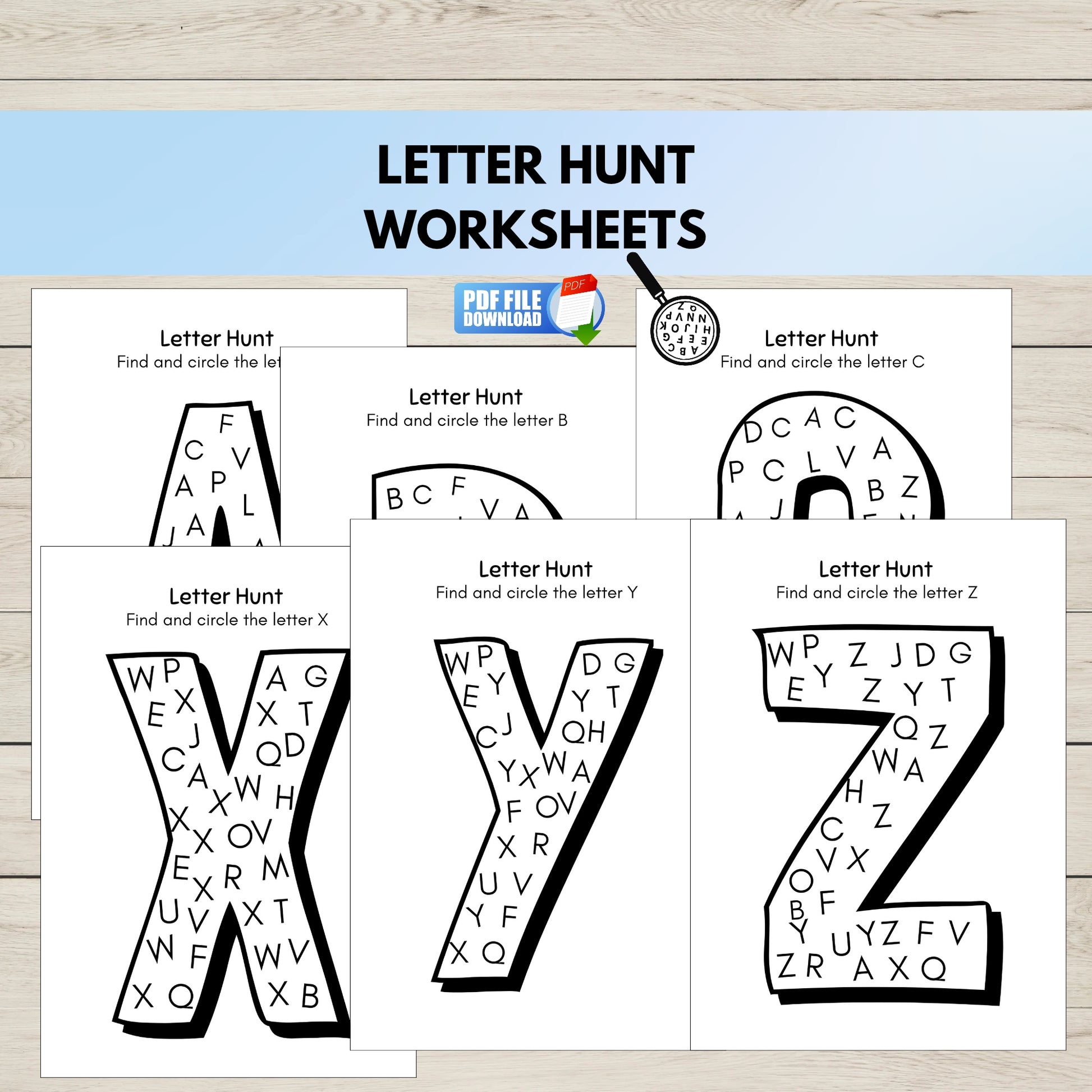 Letter Hunt Worksheets for finding and circling letters A to Z.