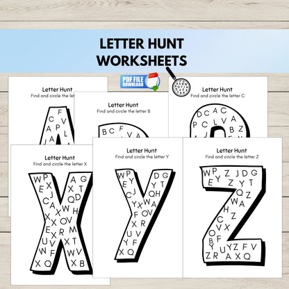Letter Hunt Worksheets for finding and circling letters A to Z.