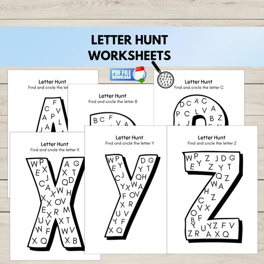 Letter Hunt Worksheets for finding and circling letters A to Z.